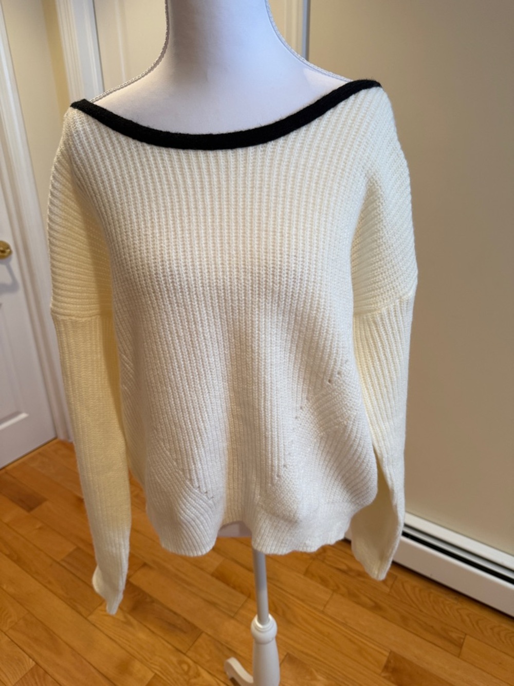 SHEIN Cream Off-Shoulder Sweater with Black Trim